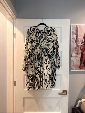 H&M Cream and Black Floral Tiered Long Sleeve Dress with Keyhole